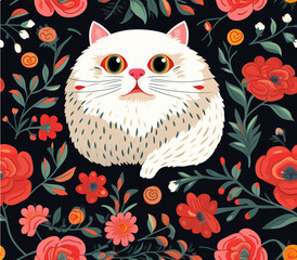 cat and flower, cute cate, white cat, Generative AI illustration