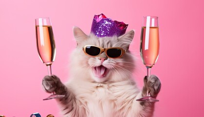 Wild New Year's Cat Celebration with Champagne Glasses, Playful Feline in Pink Hat and Sunglasses, Party Animal
