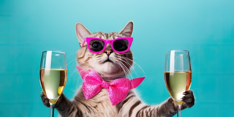 Effortlessly Cool Cat with Swag, Toasting with Champagne in Each Hand, Party Animal with Pink Sunglasses and Bowtie, Turquoise Background