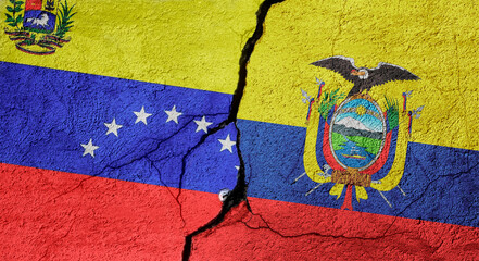 Venezuela and Ecuador flags on a stone wall with a crack, illustration of the concept of a global crisis in political and economic relations