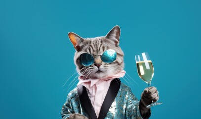 Sophisticated Cat in Glamorous Robe: Stylish Feline Toasting with Champagne Glass