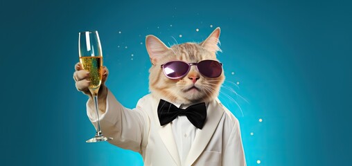 Cool Cat Celebration: Feline Party Animal in White Tux Toasting with Champagne Glass