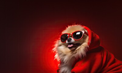 Festive Pomeranian Dog Photo: Santa Hat and Sunglasses, Red Background Copyspace