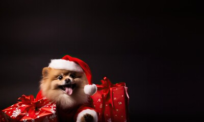 Festive Pomeranian Dog with Santa Hat, Wrapped Gifts, Black Background, Copyspace