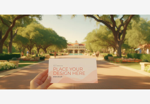 Street Frame Mockup Template with Person Holding A Card in Front of Driveway, Trees, Building, and Walkway