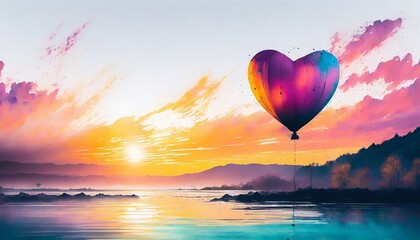 Kolorowy balon unoszący się nad wodą na tle nieba i zachodzącego słońca. Motyw miłości,...