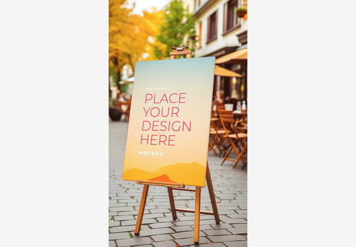 Street Frame Mockup Template: White Board on City Sidewalk with Building, People, Tables, Chairs, Umbrellas, and Cafe Street Frame Mockup Template 