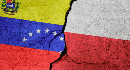 Venezuela and Poland flags on a stone wall with a crack, illustration of the concept of a global crisis in political and economic relations