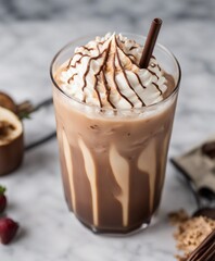 Close up view of iced mocha latte on white marble background