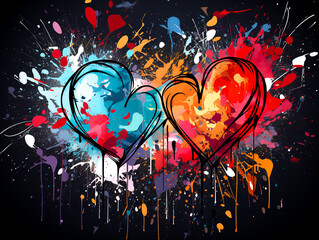 Hearts graffiti with drips of paint in a street grunge style.