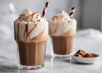 Close up view of iced mocha latte on white marble background