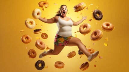A fat woman runs away from the buns. Who are running after her
