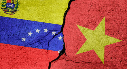 Venezuela and Vietnam flags on a stone wall with a crack, illustration of the concept of a global crisis in political and economic relations