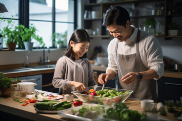 Father and daughter preparing vegetable salad in the kitchen.