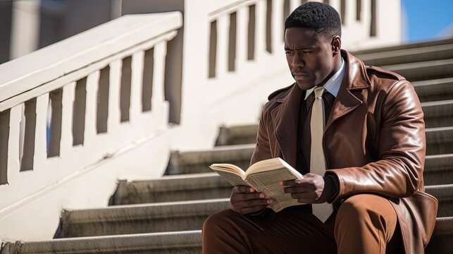 African American university student repeats lectures while sitting on the stairs. Young man while studying. Educational knowledge is the key to success and good work in the future