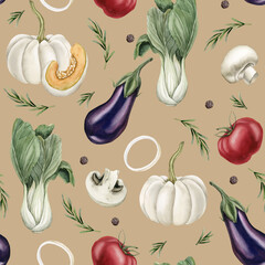 Watercolor seamless pattern with colorful vegetables and spices on beige background.For use in design, textile, wrapping