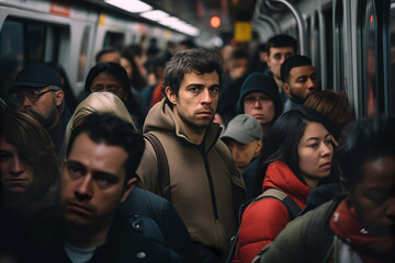 Portrait of a sad man in a crowded subway train.