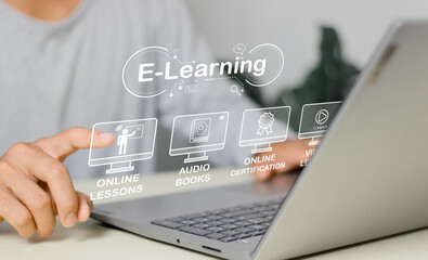 E-learning education, internet lessons and online webinar. Person who attends online lessons on a digital screen.Education internet Technology..