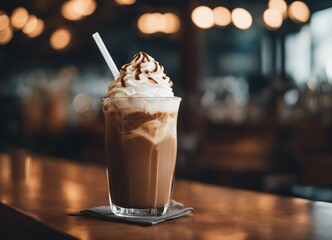 iced mocha latte, decorative stone and wooden background

