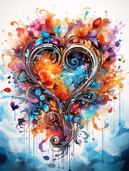 Creative heart design with flowers and paint drips.