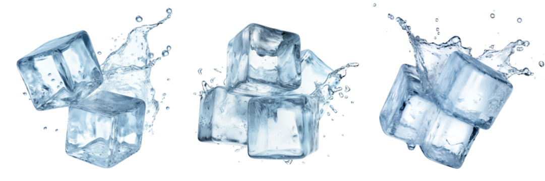 Set of different ice cubes on a transparent background. Ice cubes melt and water scatters from them in different directions. The concept of preparing an alcoholic cocktail, or seasoning for drinks.