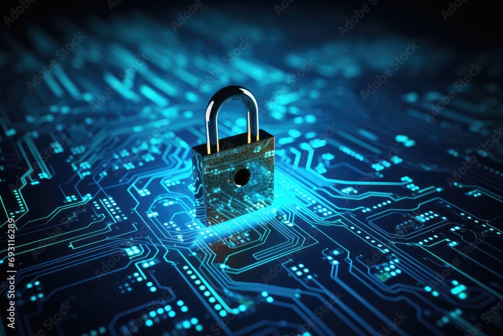 Poster Cyber security concept. Padlock on circuit board background