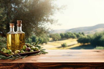 Old wooden product display table with natural green olive field and olive oil - obrazy, fototapety, plakaty