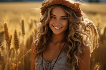 Beautiful blonde woman in a wheat field - obrazy, fototapety, plakaty