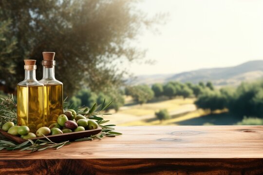 Old wooden product display table with natural green olive field and olive oil