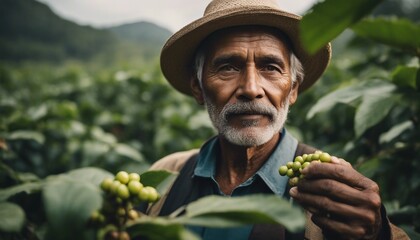 portrait of old farmer on arabica coffee plantation with raw coffee berries

