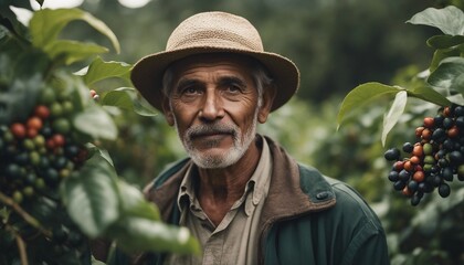 portrait of old farmer on arabica coffee plantation with raw coffee berries  
