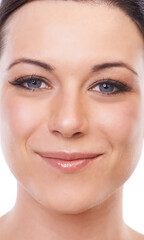 Obraz premium Portrait, smile and woman in studio for makeup, wellness or cosmetics, treatment or glamour closeup. Face, beauty and happy female model with glowing skin results, dermatology or cosmetology routine