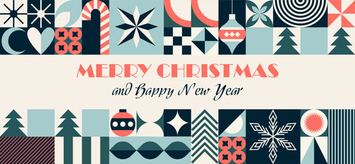 Obraz premium Merry Christmas and Happy New Year abstract geometric background with simple shapes, Christmas trees, stars, snowflakes, decorations. Trendy horizontal vector illustration for banner, poster, cover.