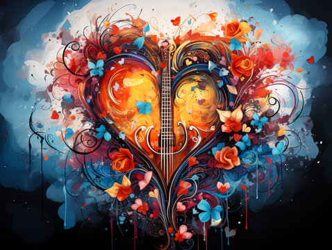 Abstract heart design with guitar neck and flowers.
