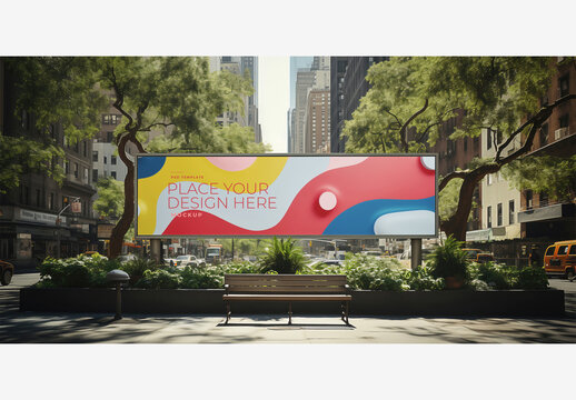 Street Billboard Frame Mockup Template with Bench and Bare Trees in City Street