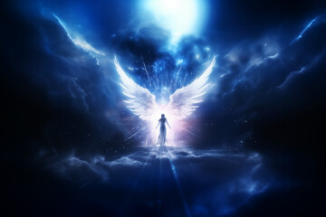 Silhouette of a bright angel with wings in the dark.