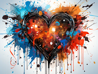Heart in graffiti style, street art with drips of paint.