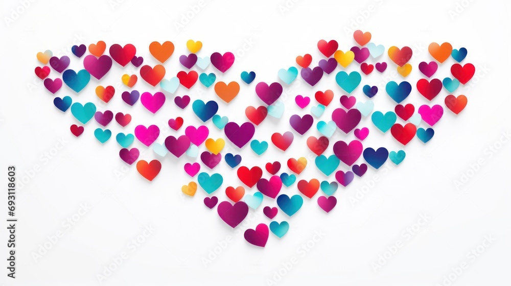 Poster a group of colorful hearts shaped into the shape of a heart on a white background with a shadow of t