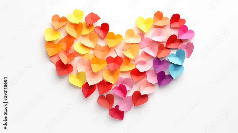 Aufkleber a group of multicolored paper hearts arranged in the shape of a heart on a white background with spa