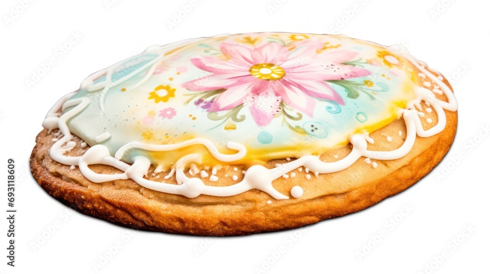 Poster a close up of a cake with icing and a flower on the top of the frosting and icing on the top of the 