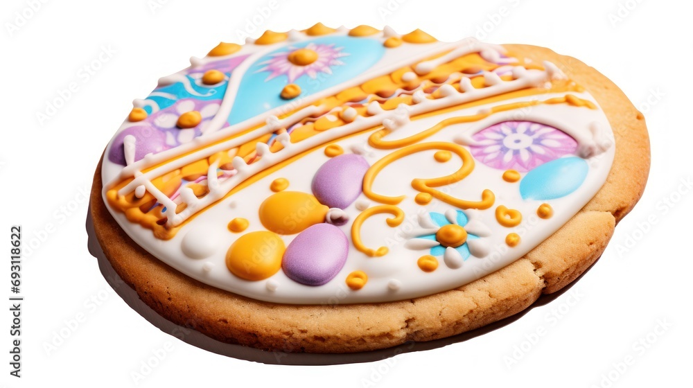 Poster a close up of a cookie with icing and decorations on a white background with a clipping path to the 