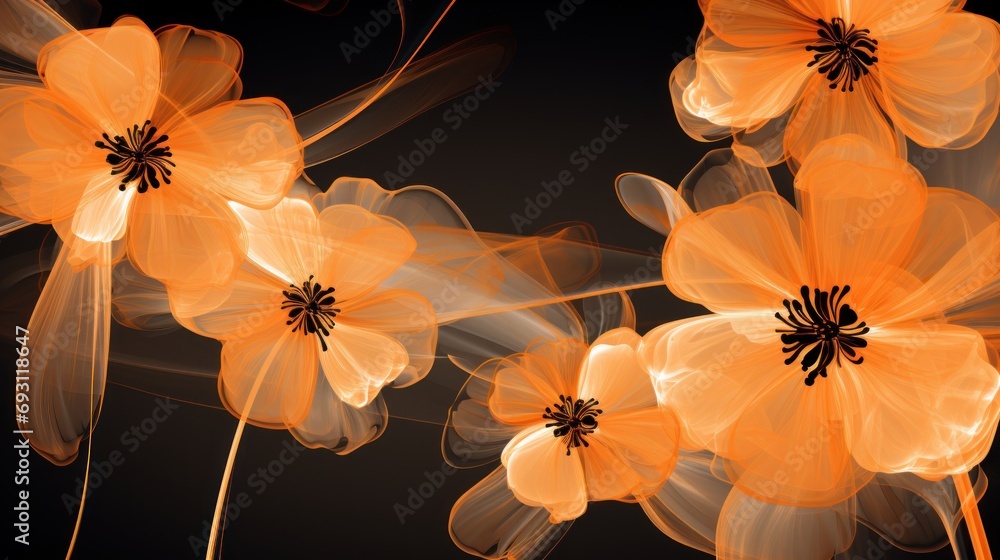 Poster  a close up of a bunch of flowers on a black background with a blurry image of orange flowers in the middle of the frame and bottom half of the image.