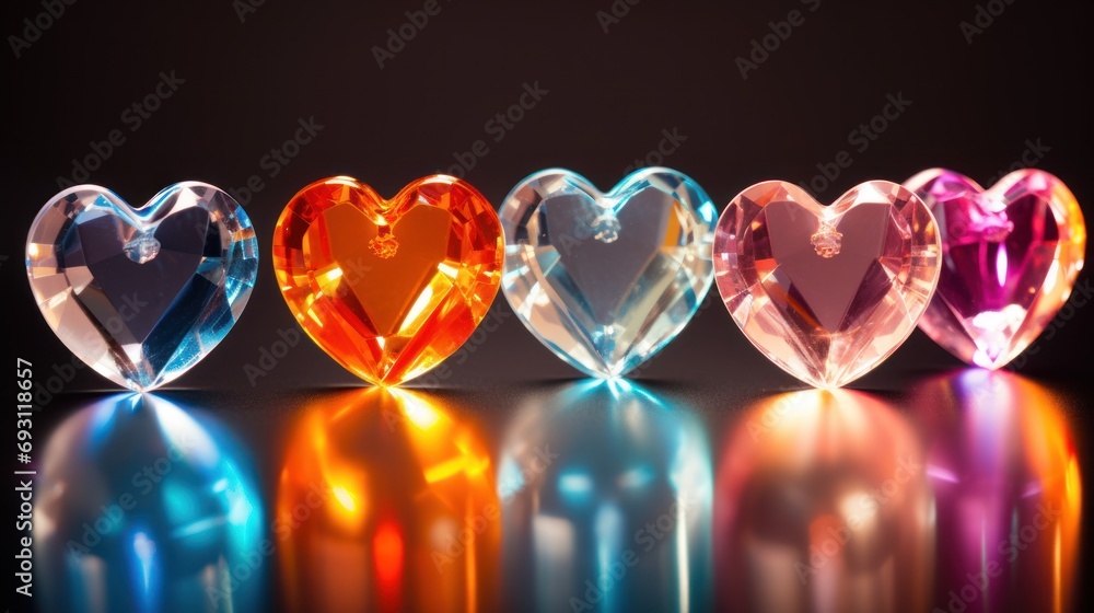 Poster a row of colorful glass hearts sitting on top of a reflective surface in front of a black background