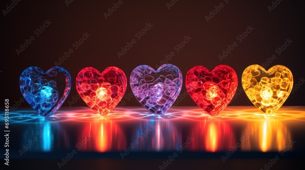 Poster a group of three heart shaped lights on a dark background with a reflection of the light in the midd