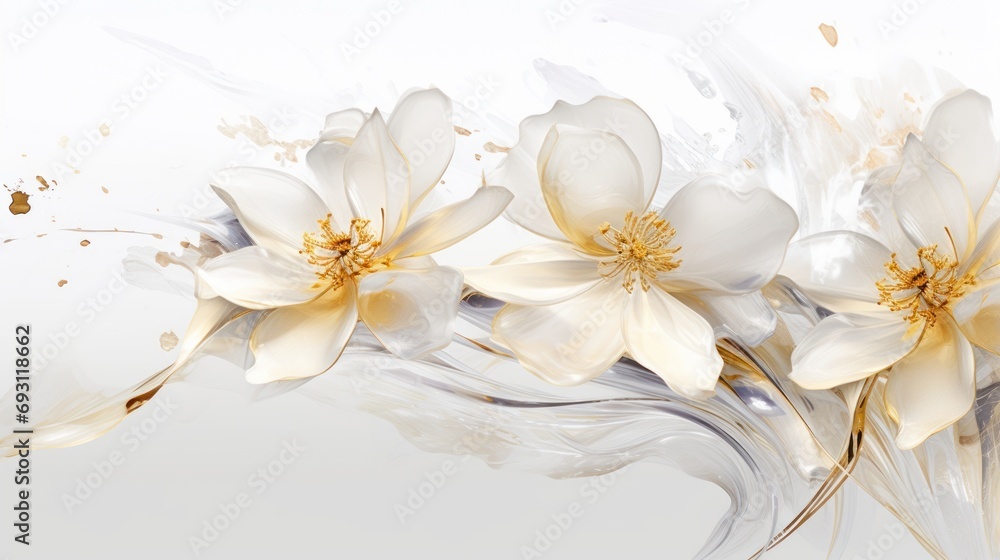 Poster a bunch of flowers that are on a white and gold background with a splash of paint on the bottom of t