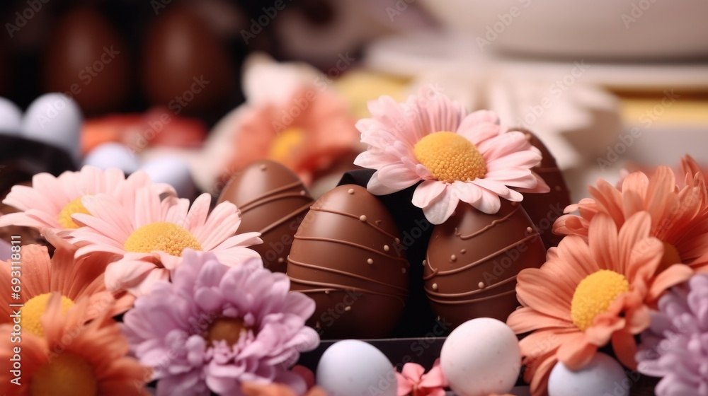 Poster a close up of a box of chocolate eggs with flowers in the middle of the eggs and a plate of chocolat