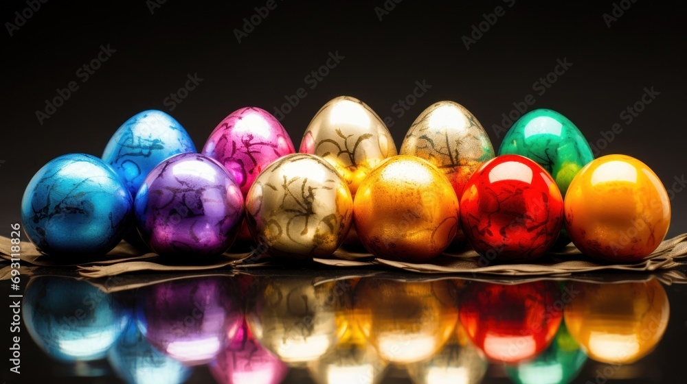 Poster a row of shiny colored eggs sitting on top of a black surface with the reflection of the eggs on top