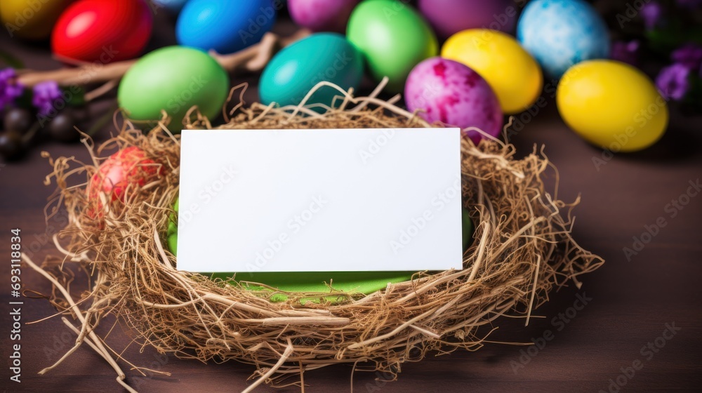 Poster a white card sitting on top of a pile of hay next to colorful eggs and a nest of straw with a blank 