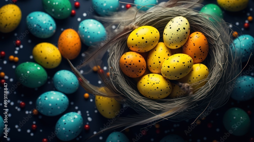 Poster a bird's nest filled with colored eggs on top of a blue surface with speckled eggs in the center of 