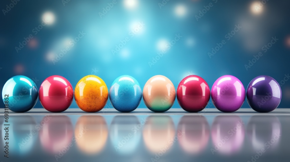 Poster a row of shiny colored eggs sitting on top of a reflective surface with a bright light behind the ro